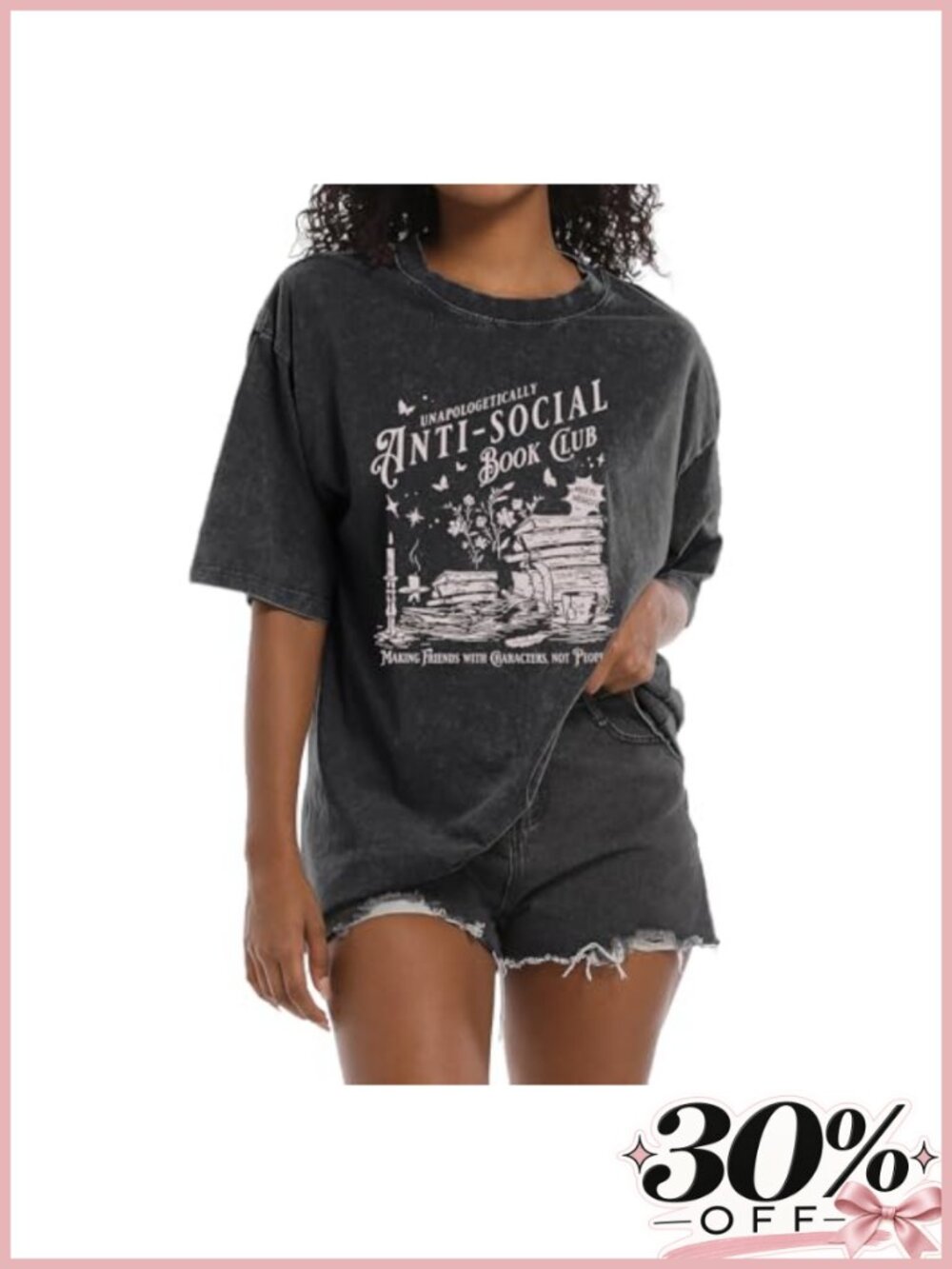 Anti Social Book Club Graphic Tee Acid Wash Cotton Blend Bookish Shirt Teacher